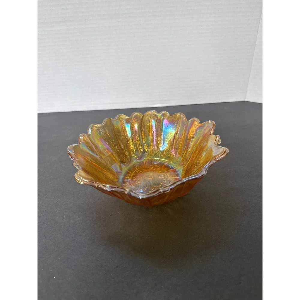 Vintage Marigold Carnival Glass Sunflower Bowl Iridescent Amber Scalloped 7.5